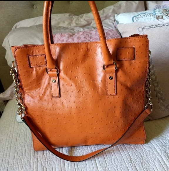 Michael Kors Ostrich-Embossed Hamilton Tangerine East/West Tote Leather Handbag - Picture 2 of 11